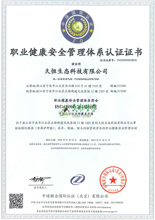 新洲职业健康安全管理体系ISO45001证书